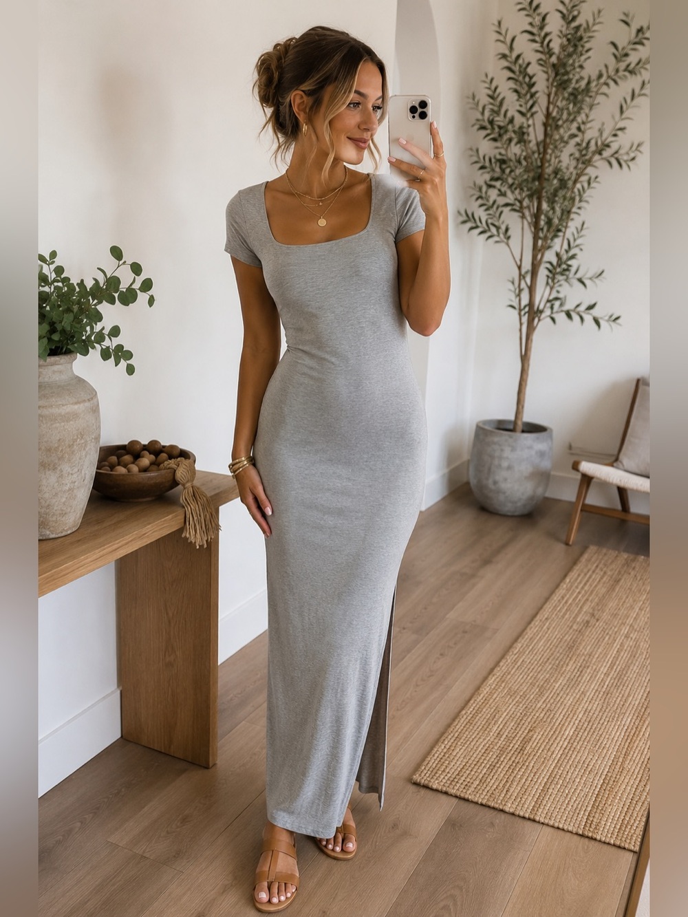 See You Monday Los Angeles Gray Maxi Dress Stretch Knit Side Slit Juniors Large